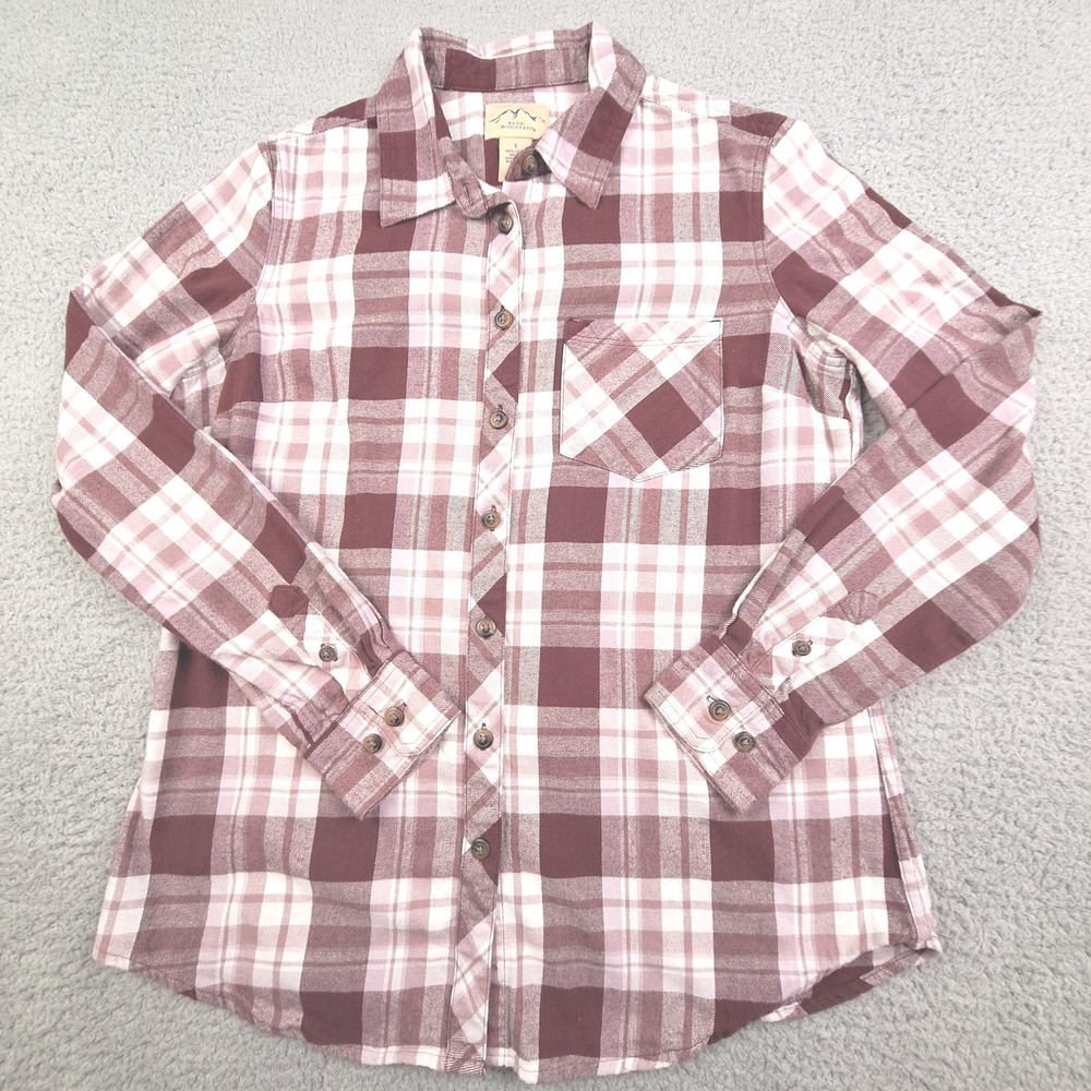 Blue Mountain Shirt Womens Small Burgundy‎ Pink Plaid Cotton Flannel Long Sleeve